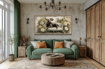 Funny Moose On The Floral Couch Framed Canvas Wall Art