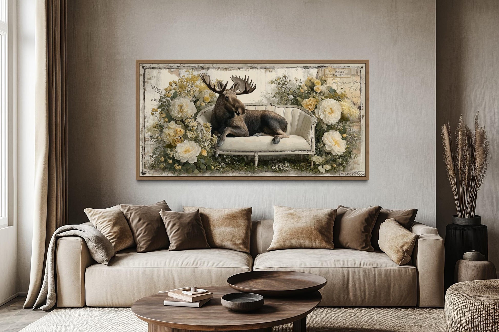 Funny Moose On The Floral Couch Framed Canvas Wall Art
