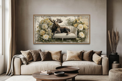 Funny Moose On The Floral Couch Framed Canvas Wall Art