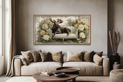 Funny Moose On The Floral Couch Framed Canvas Wall Art
