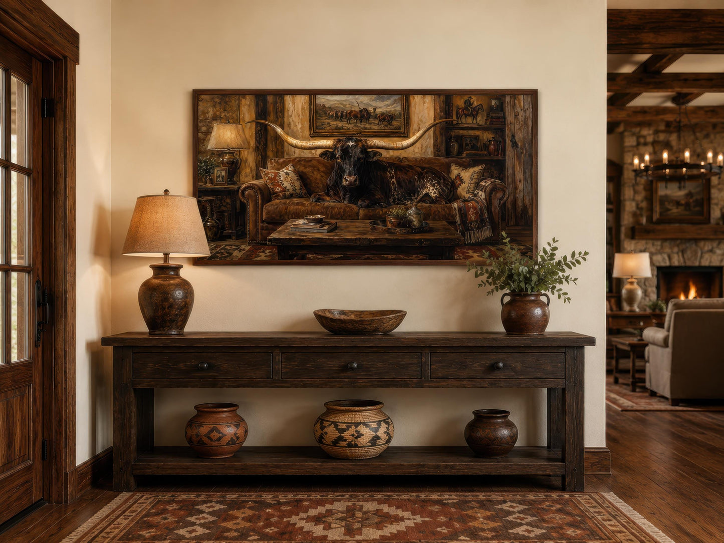Funny Texas Longhorn Bull Lounging On Couch Wall Art | Humorous Ranch Decor