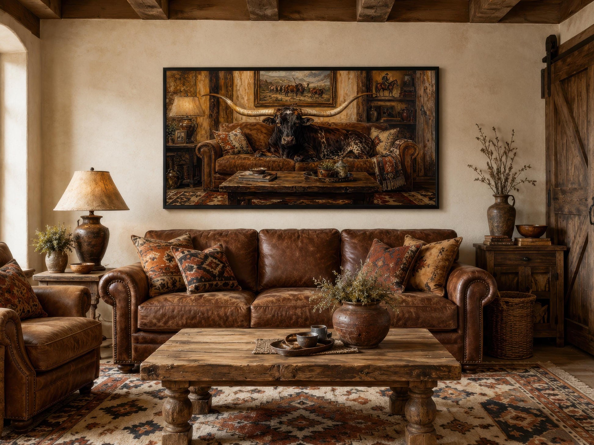 Funny Texas Longhorn Bull Lounging On Couch Wall Art | Humorous Ranch Decor