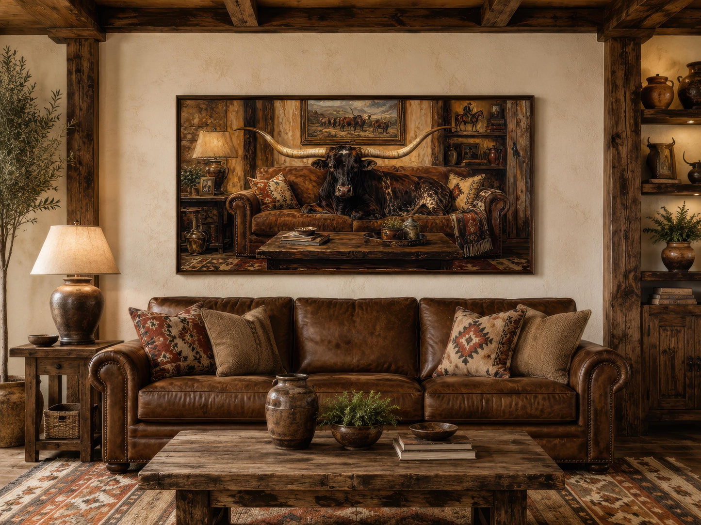 Funny Texas Longhorn Bull Lounging On Couch Wall Art | Humorous Ranch Decor