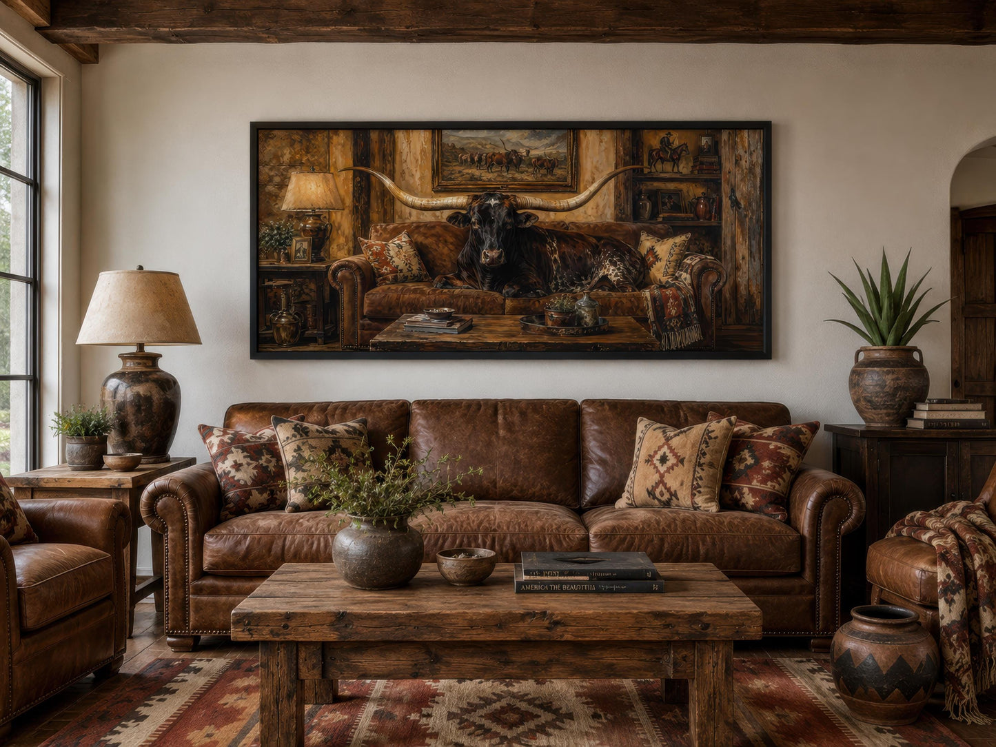 Funny Texas Longhorn Bull Lounging On Couch Wall Art | Humorous Ranch Decor