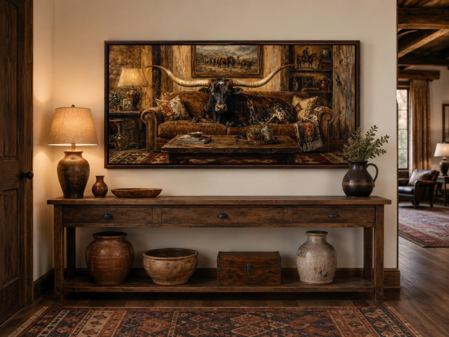 Funny Texas Longhorn Bull Lounging On Couch Wall Art | Humorous Ranch Decor