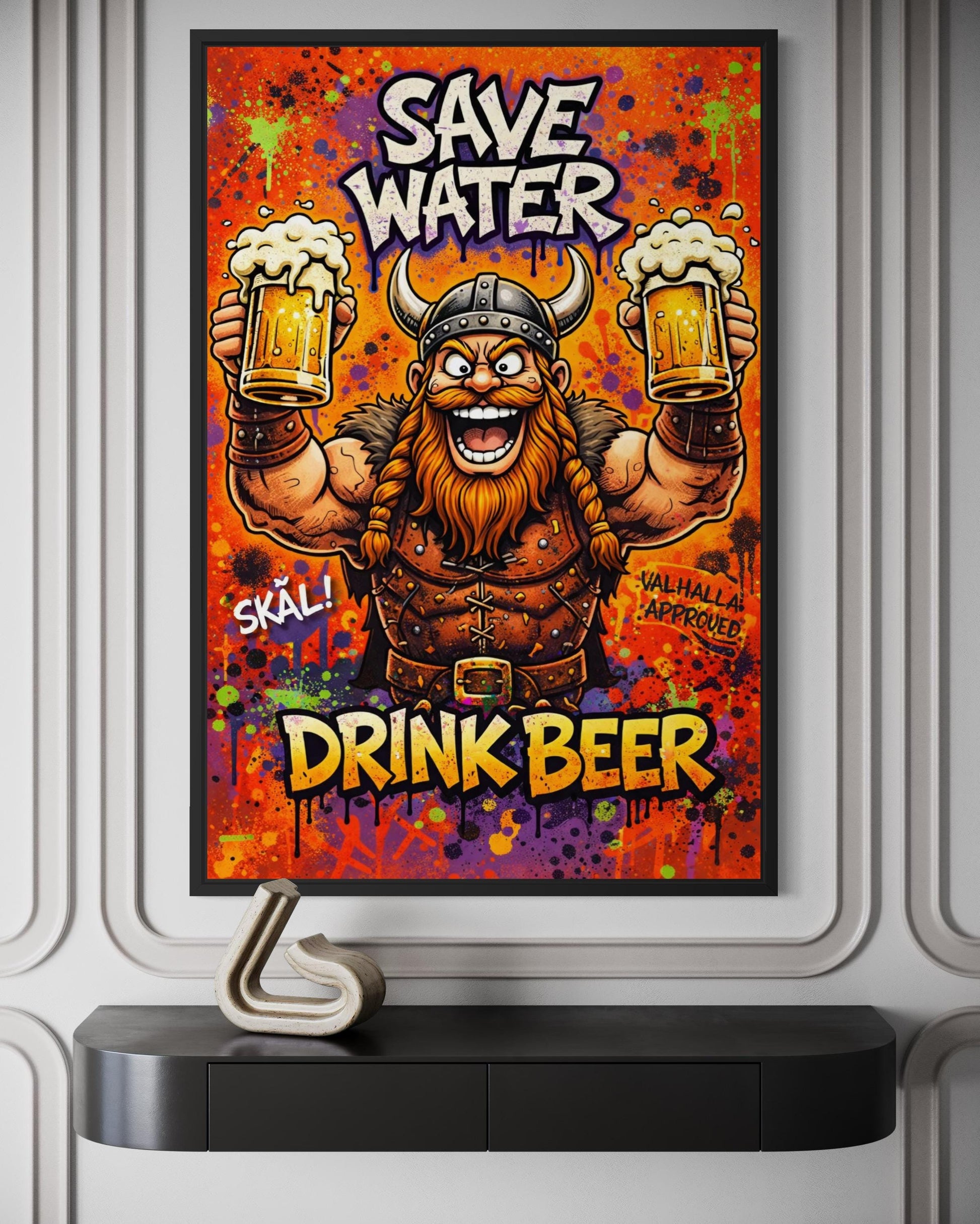 Funny Viking With Beer Wall Art – Save Water Drink Beer Canvas Print For Man Cave Or Bar