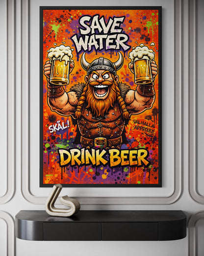 Funny Viking With Beer Wall Art – Save Water Drink Beer Canvas Print For Man Cave Or Bar