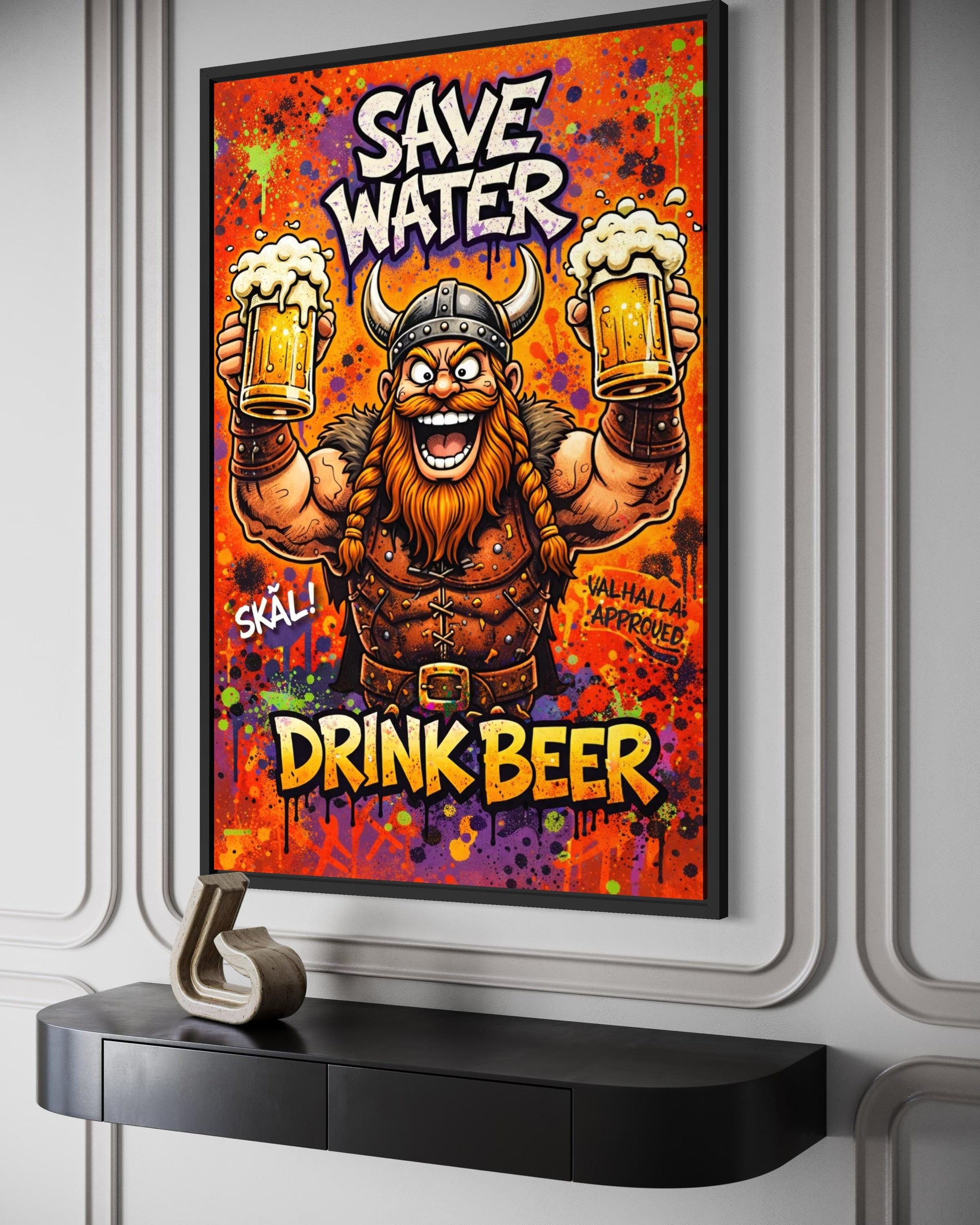 Funny Viking With Beer Wall Art – Save Water Drink Beer Canvas Print For Man Cave Or Bar