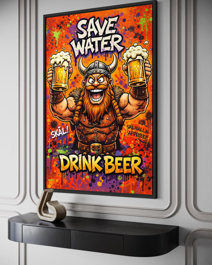 Funny Viking With Beer Wall Art – Save Water Drink Beer Canvas Print For Man Cave Or Bar