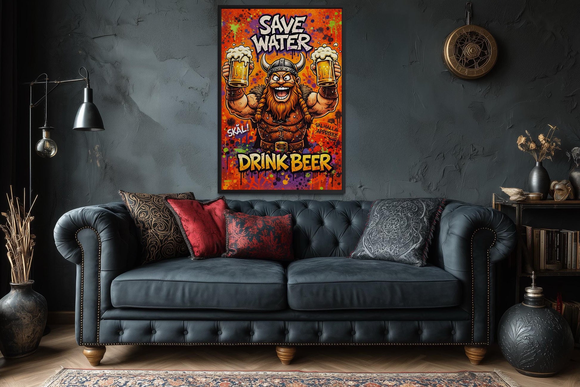Funny Viking With Beer Wall Art – Save Water Drink Beer Canvas Print For Man Cave Or Bar