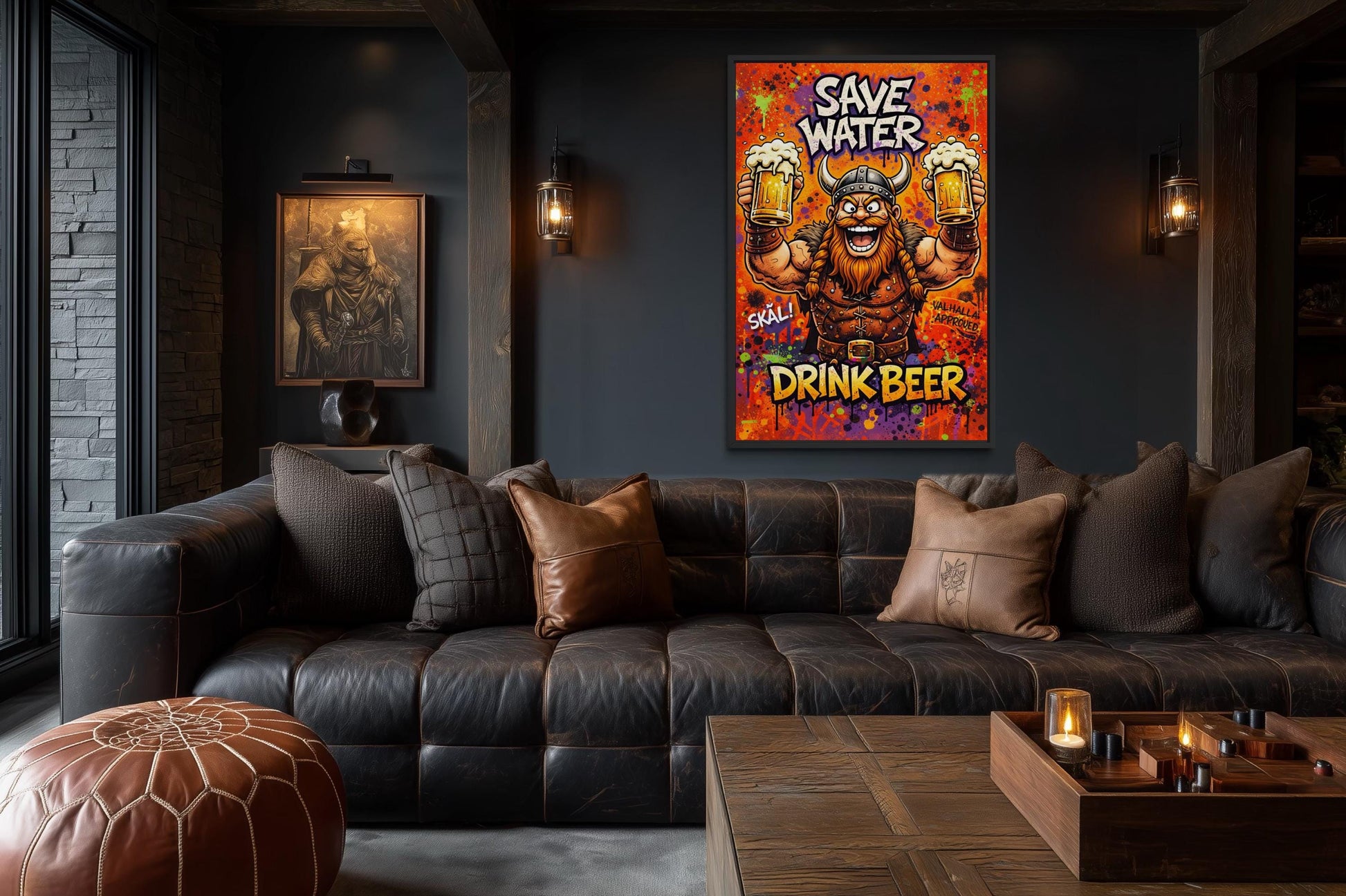 Funny Viking With Beer Wall Art – Save Water Drink Beer Canvas Print For Man Cave Or Bar