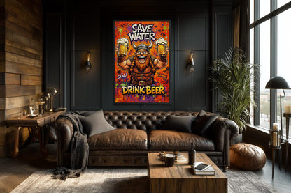 Funny Viking With Beer Wall Art – Save Water Drink Beer Canvas Print For Man Cave Or Bar