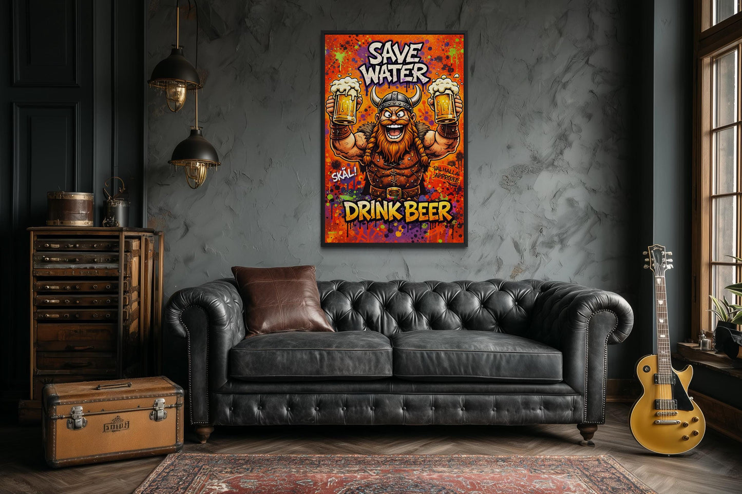 Funny Viking With Beer Wall Art – Save Water Drink Beer Canvas Print For Man Cave Or Bar