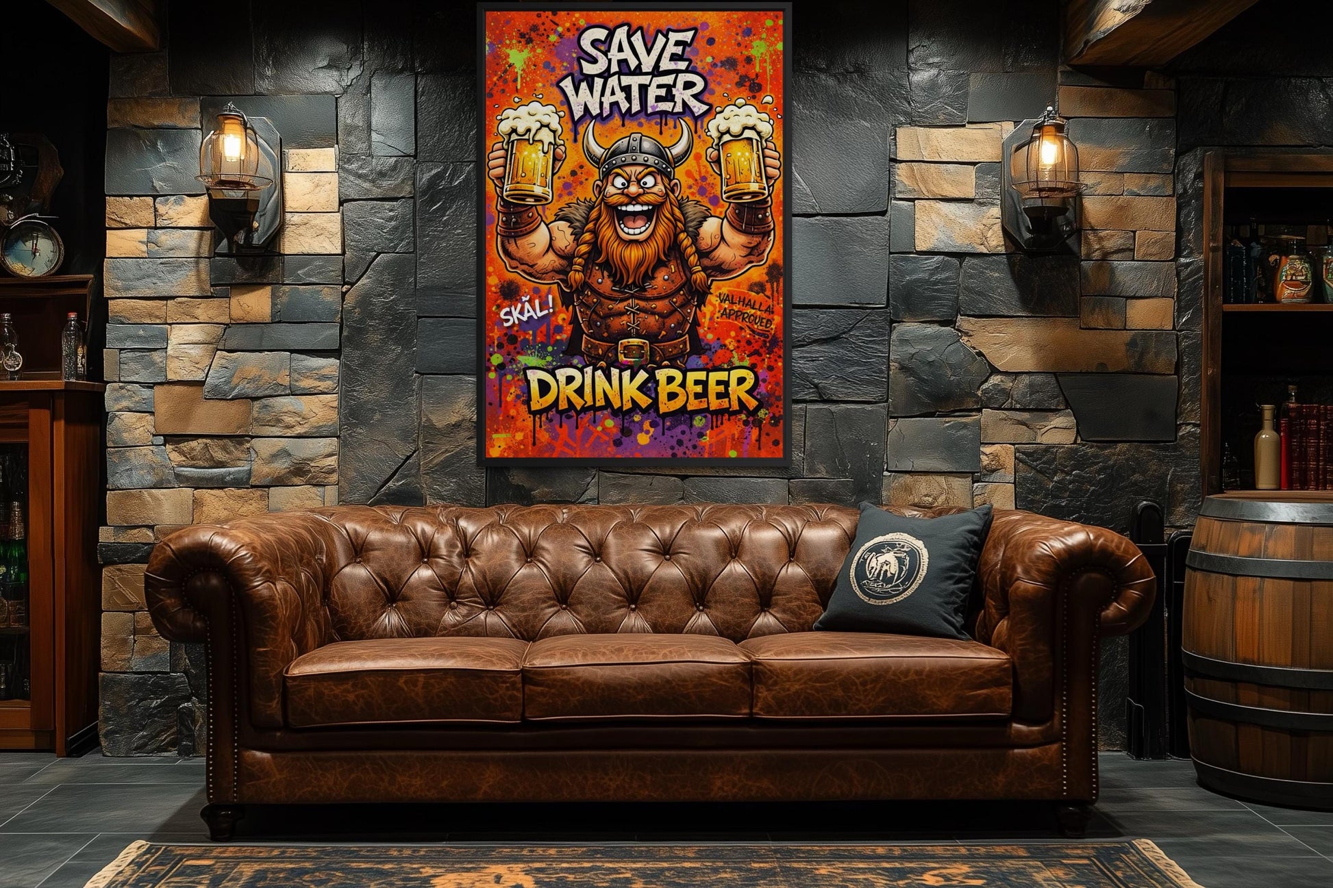 Funny Viking With Beer Wall Art – Save Water Drink Beer Canvas Print For Man Cave Or Bar