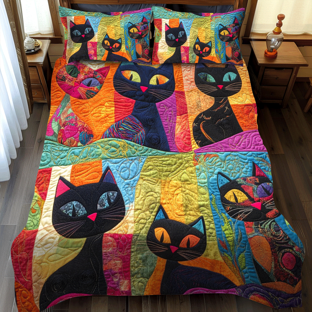 Funny Cat Patchwork 3-Piece Quilted Bedding Set - Single (59" x 70")