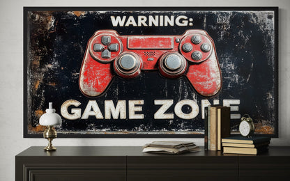 Game Room Sign - Colorful Graffiti Game Controller With Warning Game Zone Framed Canvas Wall Art