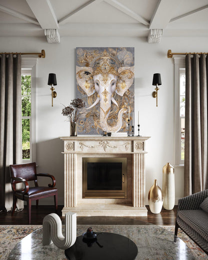 Ganesh Canvas Wall Art – Elegant Gold White Elephant God Painting for Meditation Room Decor