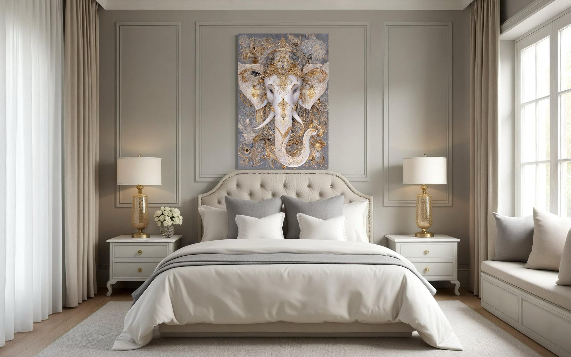 Ganesh Canvas Wall Art – Elegant Gold White Elephant God Painting for Meditation Room Decor