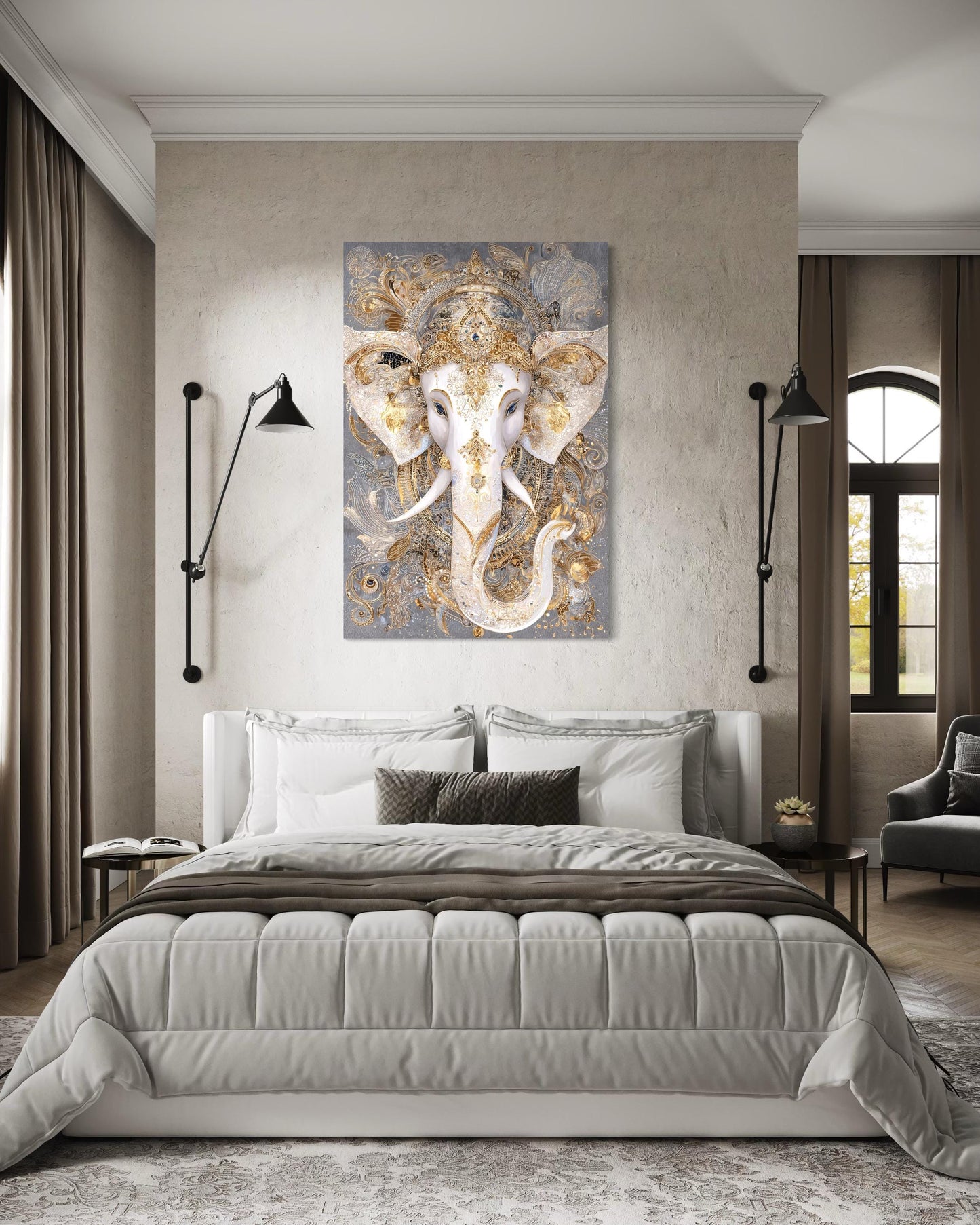 Ganesh Canvas Wall Art – Elegant Gold White Elephant God Painting for Meditation Room Decor
