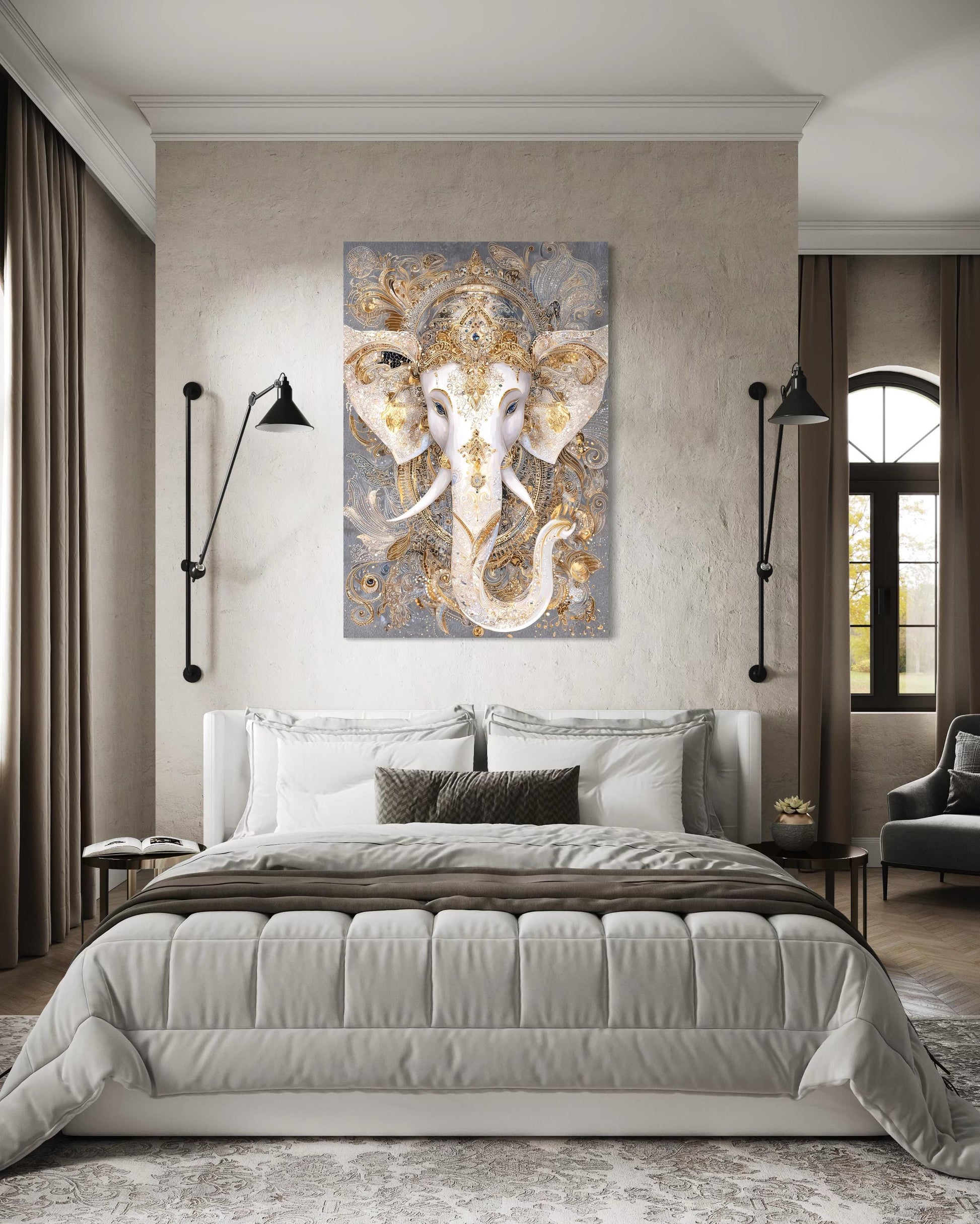 Ganesh Canvas Wall Art – Elegant Gold White Elephant God Painting for Meditation Room Decor