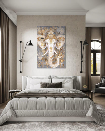 Ganesh Canvas Wall Art – Elegant Gold White Elephant God Painting for Meditation Room Decor