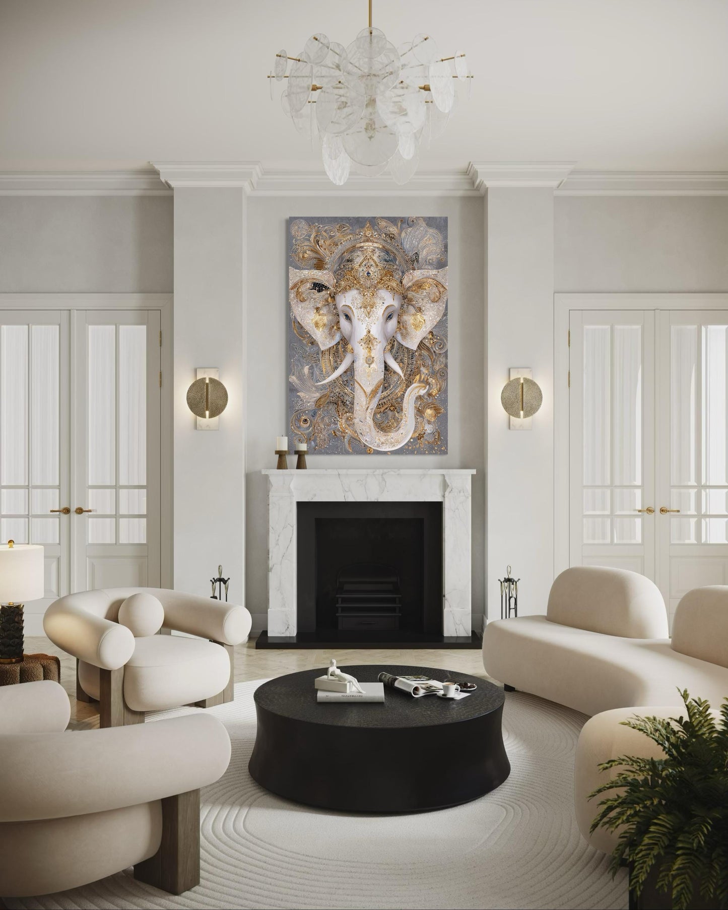 Ganesh Canvas Wall Art – Elegant Gold White Elephant God Painting for Meditation Room Decor