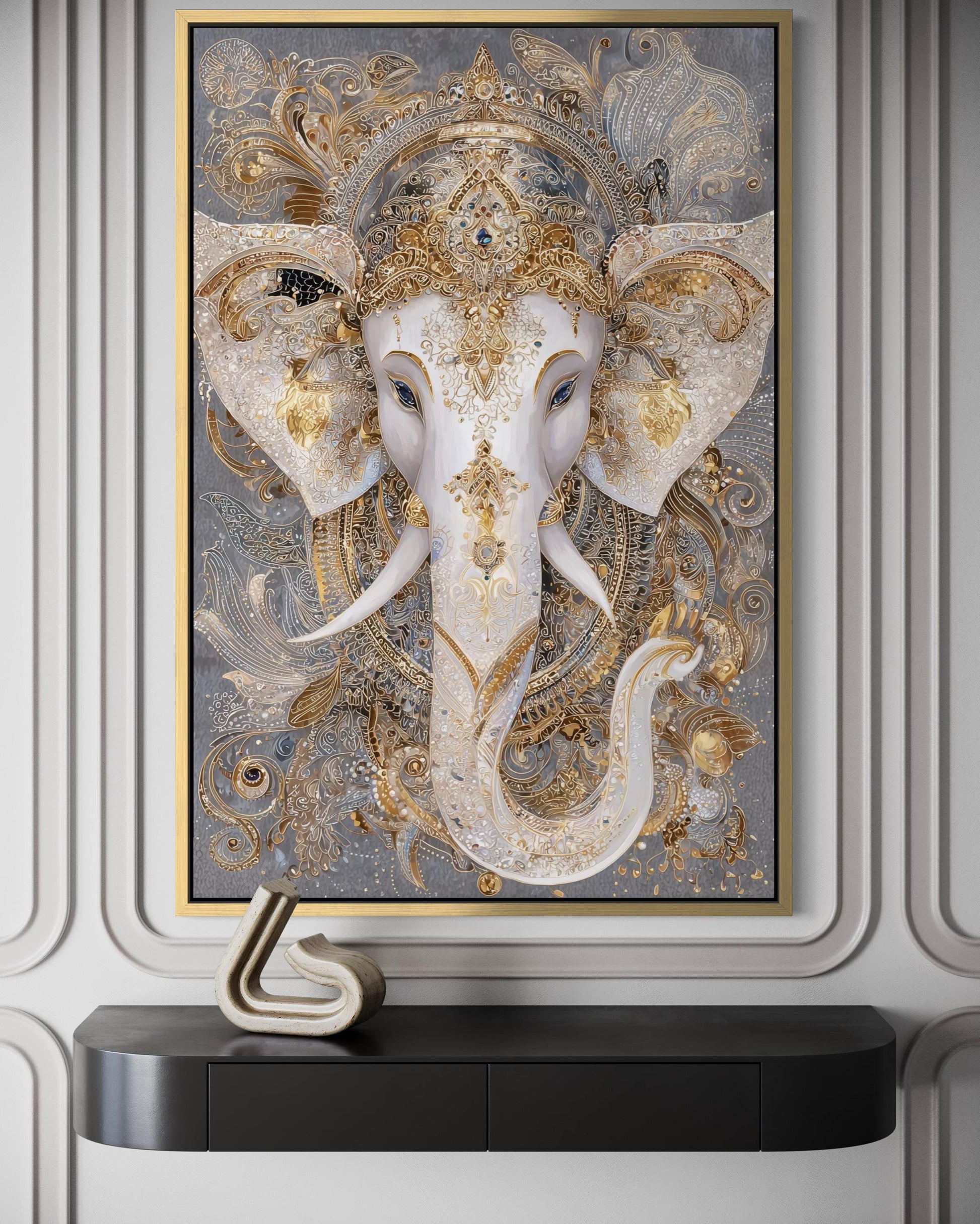 Ganesh Canvas Wall Art – Elegant Gold White Elephant God Painting for Meditation Room Decor