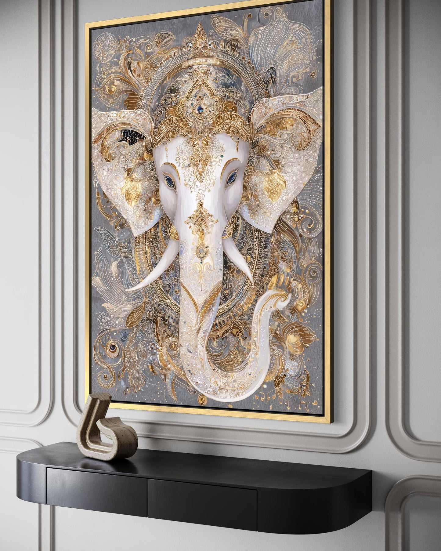 Ganesh Canvas Wall Art – Elegant Gold White Elephant God Painting for Meditation Room Decor