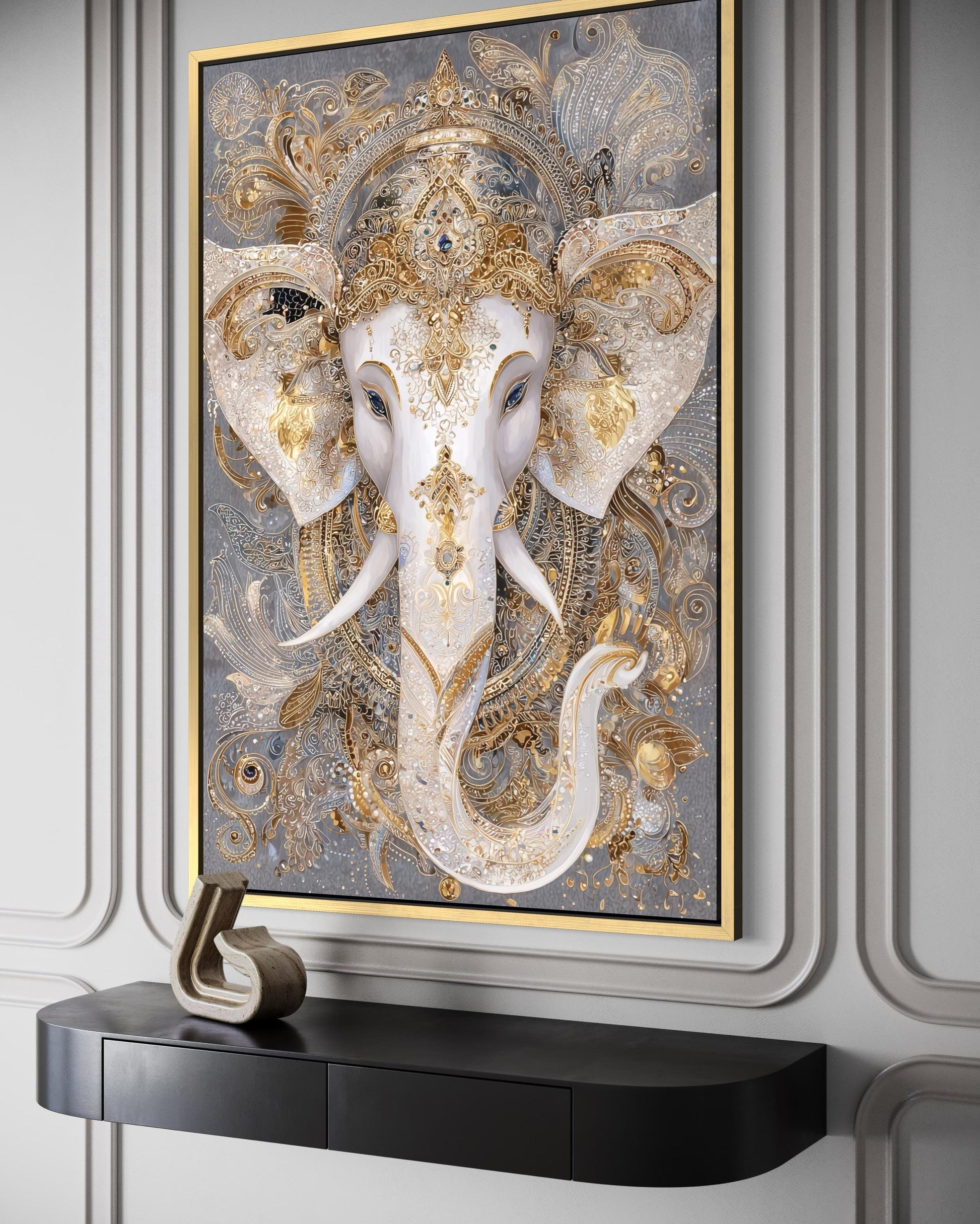 Ganesh Canvas Wall Art – Elegant Gold White Elephant God Painting for Meditation Room Decor