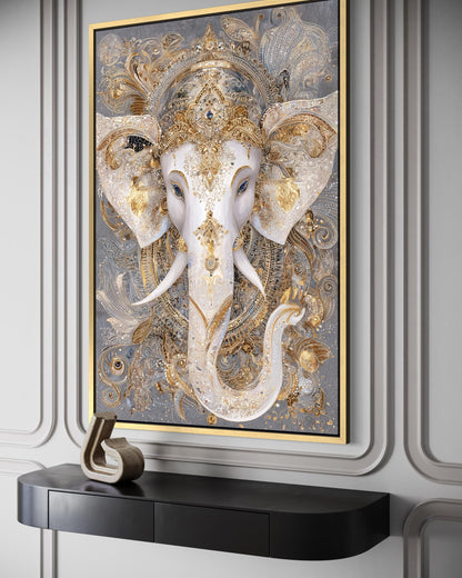 Ganesh Canvas Wall Art – Elegant Gold White Elephant God Painting for Meditation Room Decor