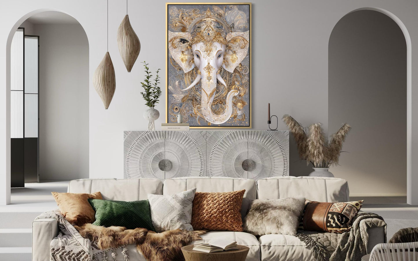 Ganesh Canvas Wall Art – Elegant Gold White Elephant God Painting for Meditation Room Decor