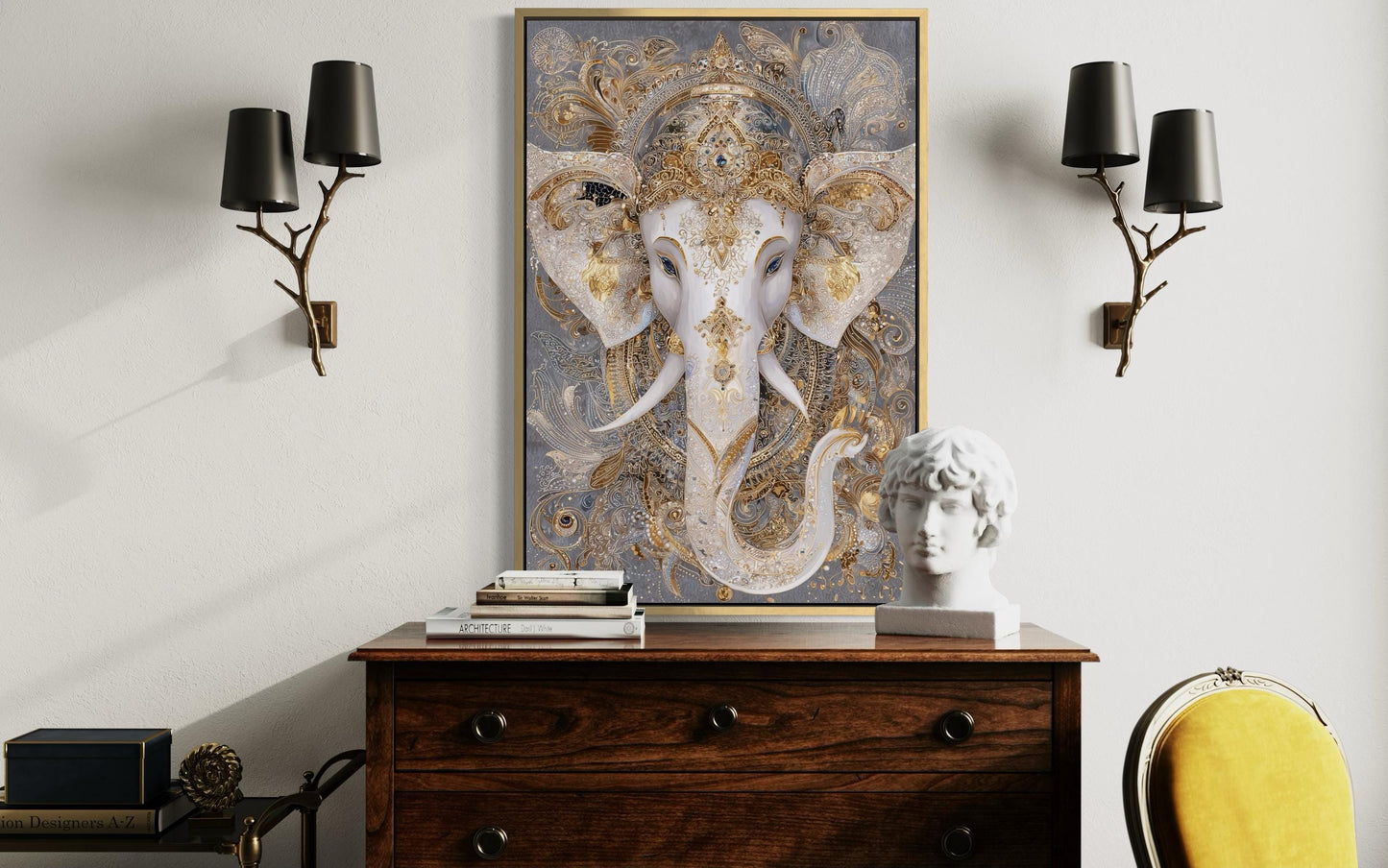 Ganesh Canvas Wall Art – Elegant Gold White Elephant God Painting for Meditation Room Decor
