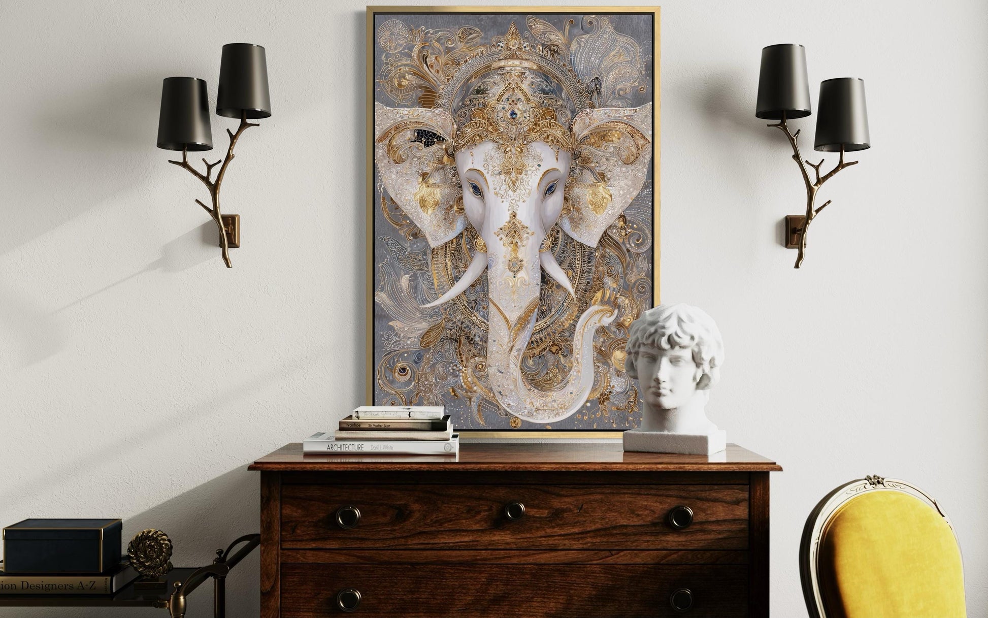 Ganesh Canvas Wall Art – Elegant Gold White Elephant God Painting for Meditation Room Decor