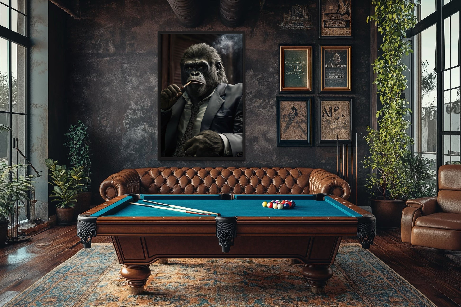 Gangster Gorilla In Suit Smoking Cigar Framed Canvas Wall Art For Mens Office