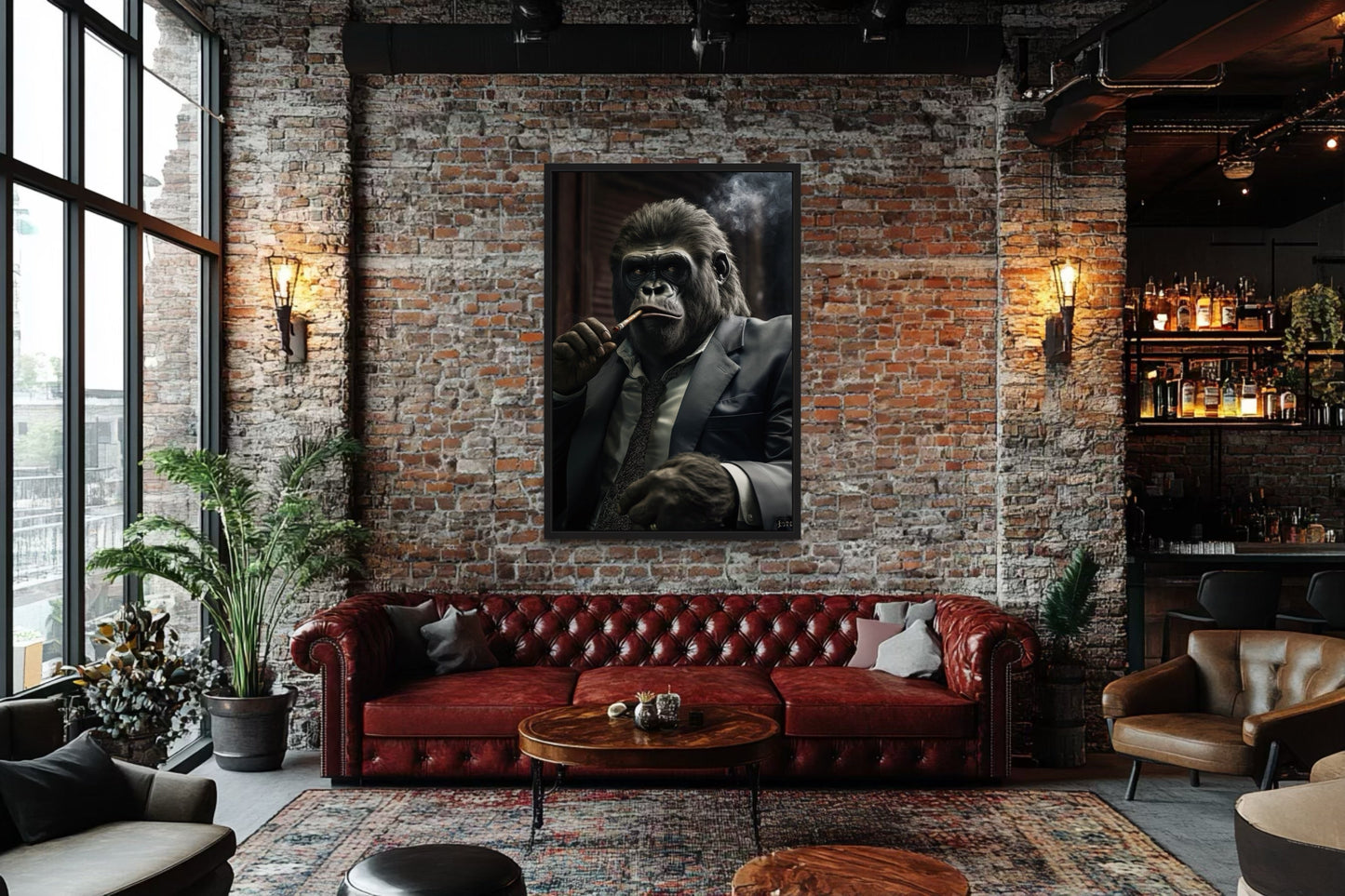 Gangster Gorilla In Suit Smoking Cigar Framed Canvas Wall Art For Mens Office