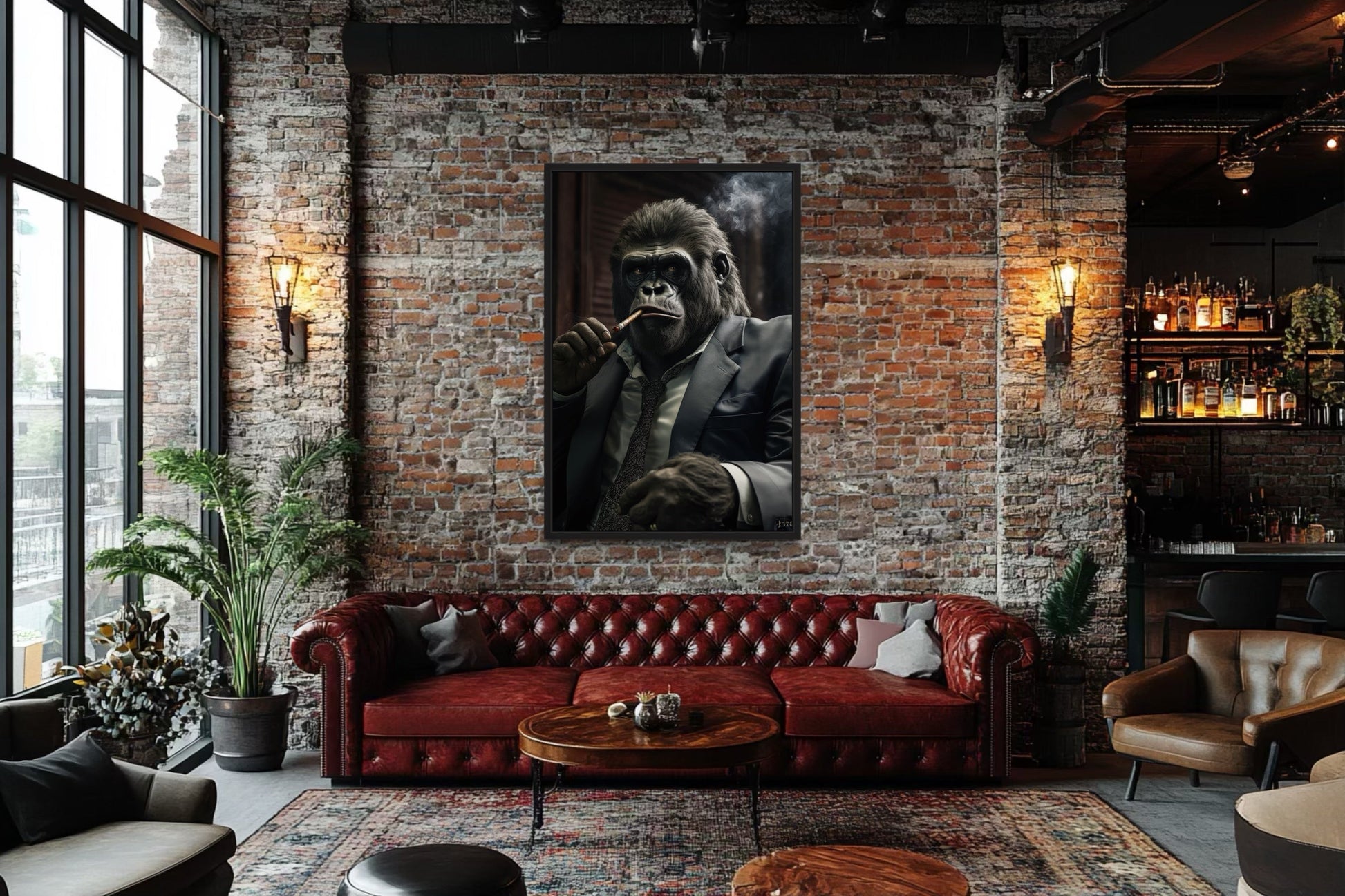 Gangster Gorilla In Suit Smoking Cigar Framed Canvas Wall Art For Mens Office