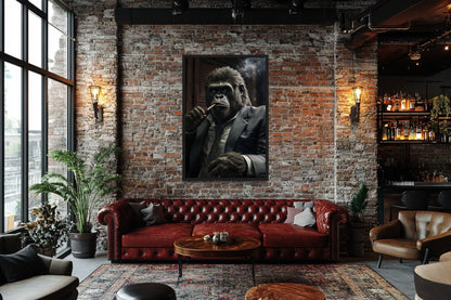 Gangster Gorilla In Suit Smoking Cigar Framed Canvas Wall Art For Mens Office