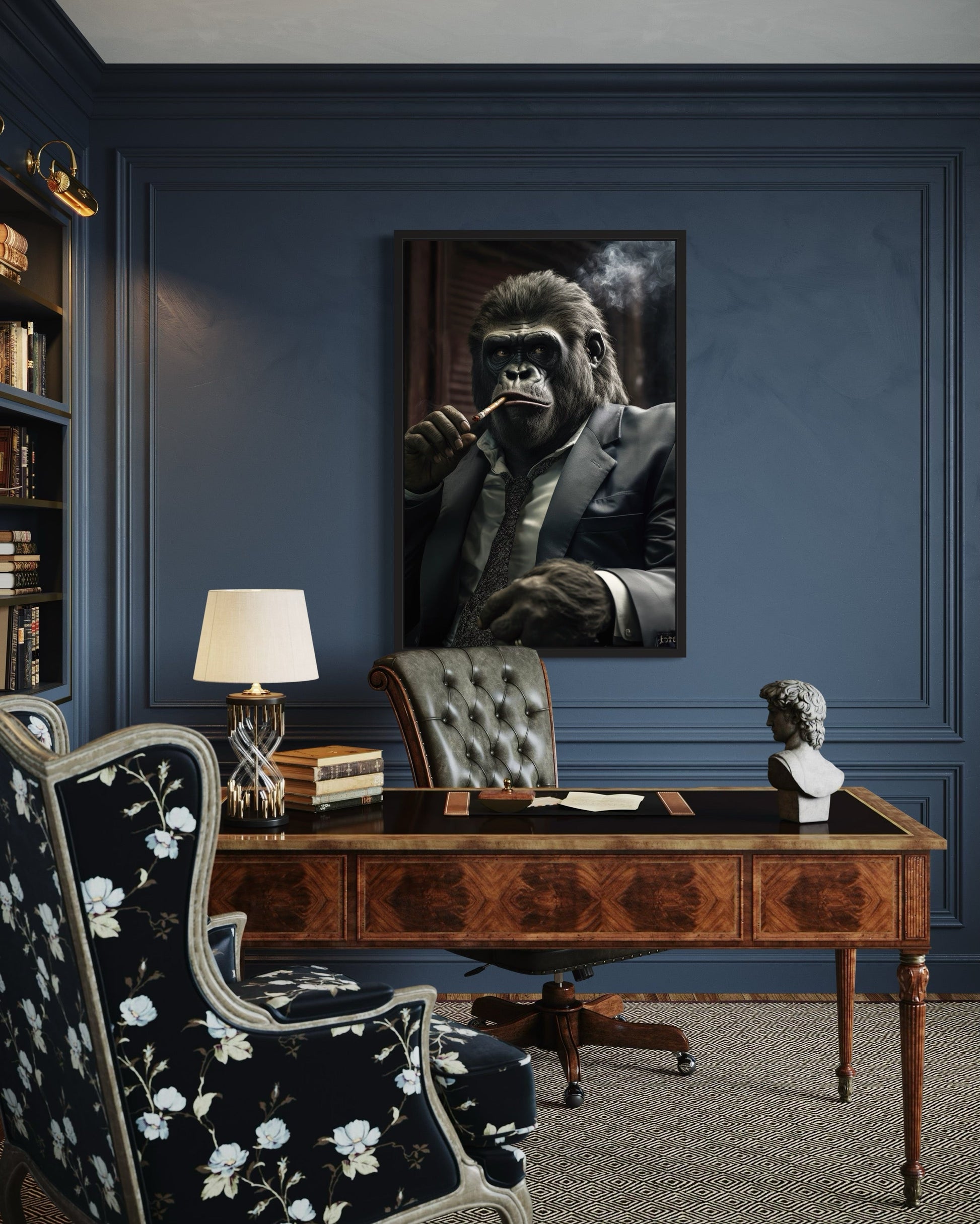 Gangster Gorilla In Suit Smoking Cigar Framed Canvas Wall Art For Mens Office