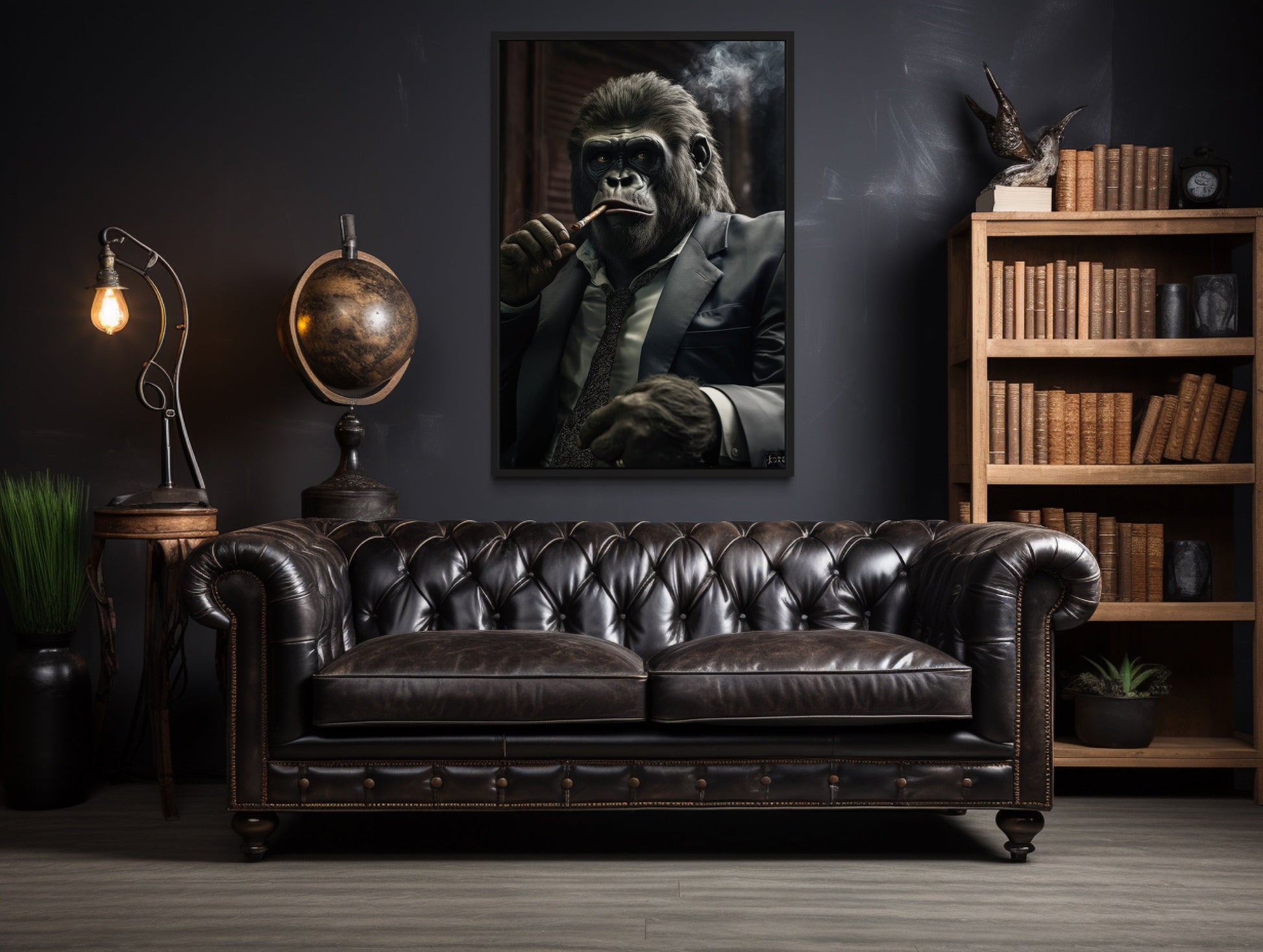 Gangster Gorilla In Suit Smoking Cigar Framed Canvas Wall Art For Mens Office