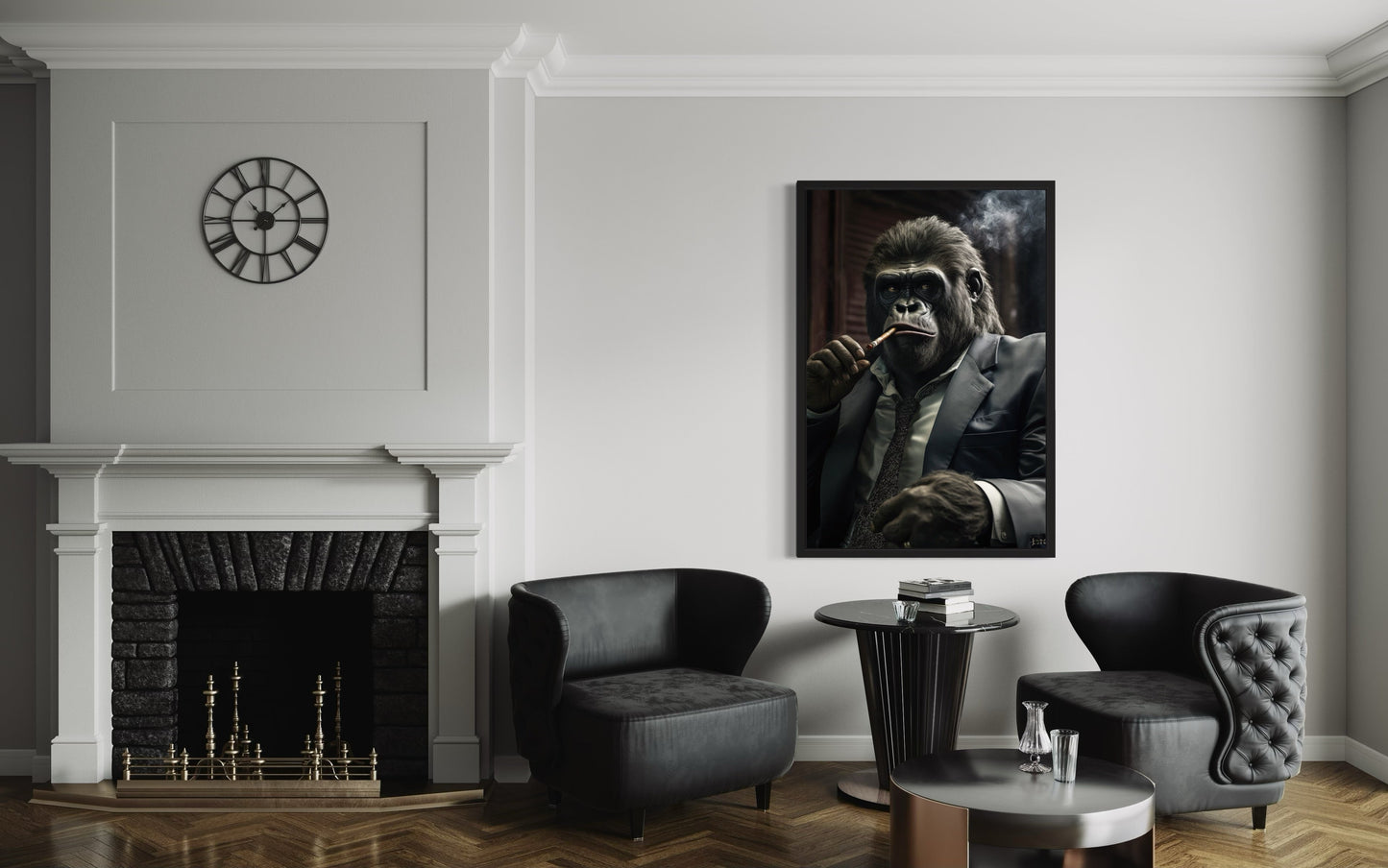Gangster Gorilla In Suit Smoking Cigar Framed Canvas Wall Art For Mens Office