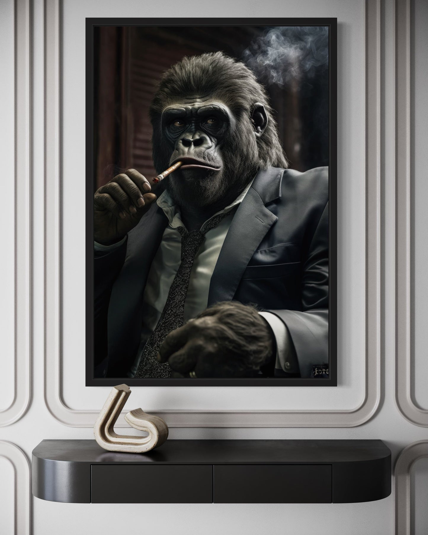 Gangster Gorilla In Suit Smoking Cigar Framed Canvas Wall Art For Mens Office