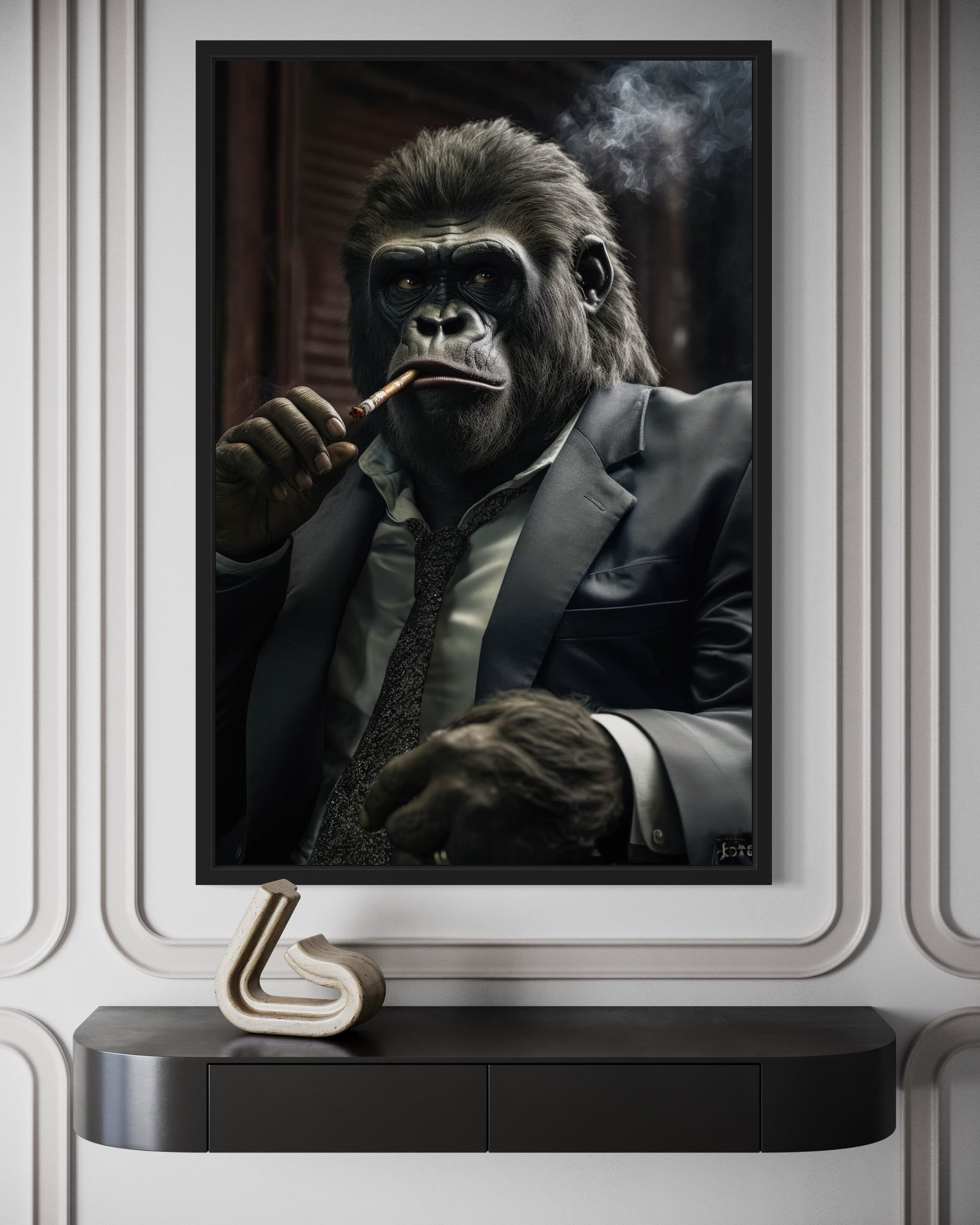 Gangster Gorilla In Suit Smoking Cigar Framed Canvas Wall Art For Mens Office