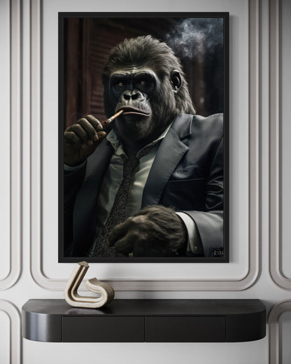 Gangster Gorilla In Suit Smoking Cigar Framed Canvas Wall Art For Mens Office
