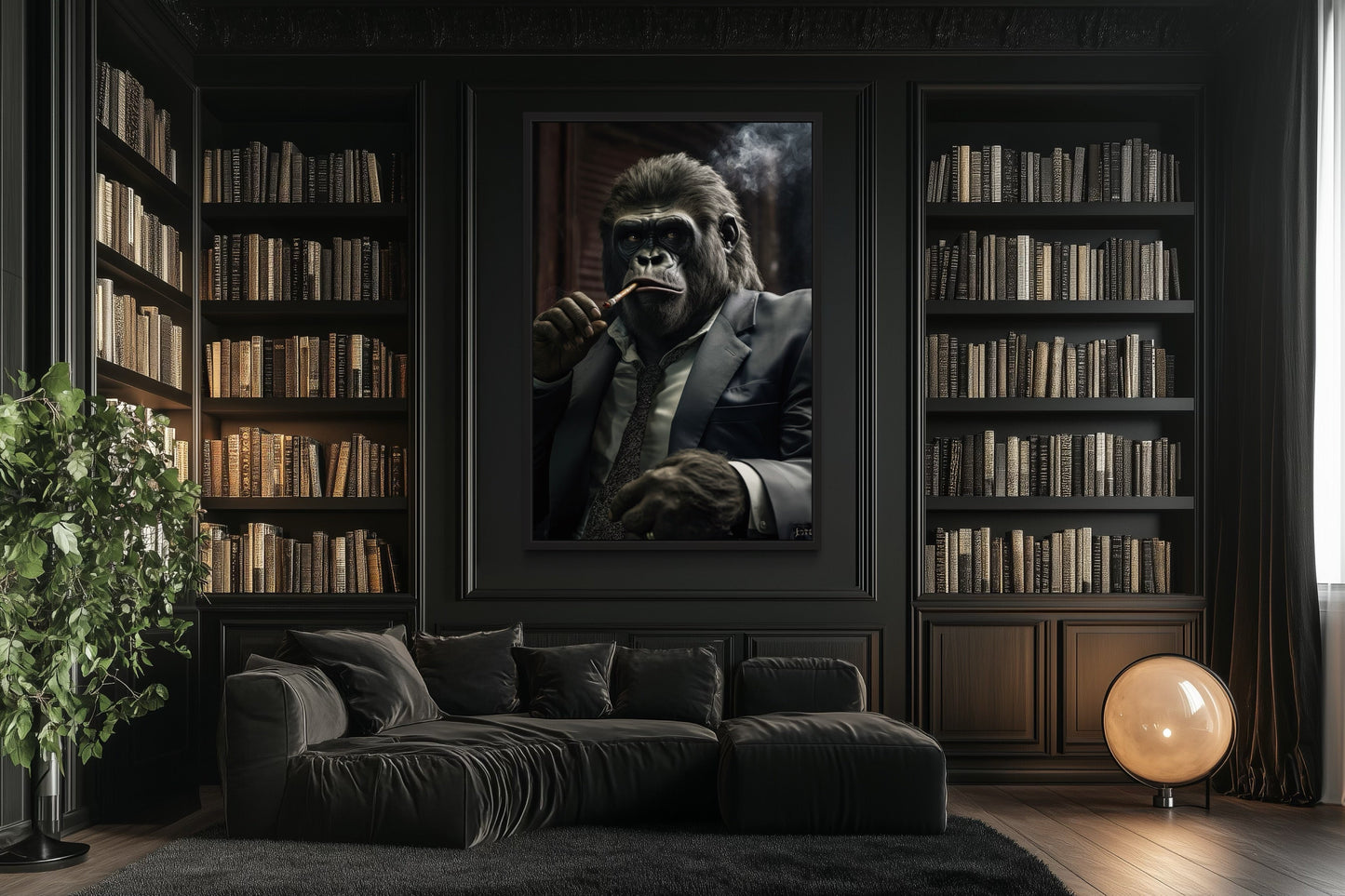 Gangster Gorilla In Suit Smoking Cigar Framed Canvas Wall Art For Mens Office