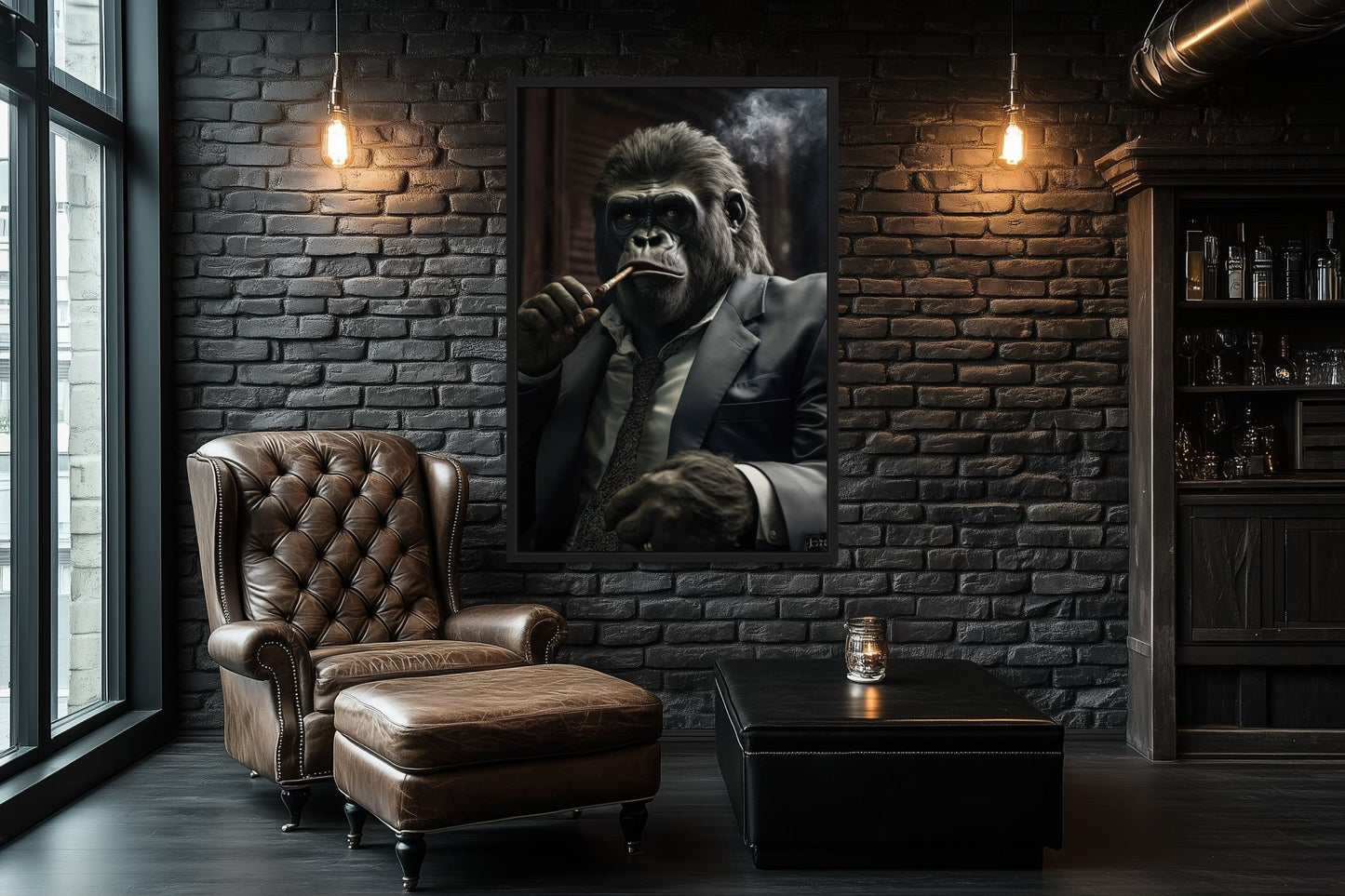 Gangster Gorilla In Suit Smoking Cigar Framed Canvas Wall Art For Mens Office
