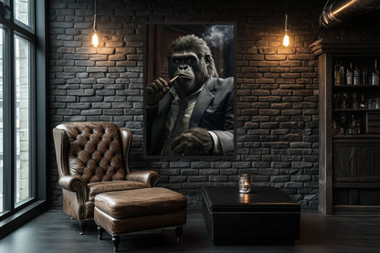 Gangster Gorilla In Suit Smoking Cigar Framed Canvas Wall Art For Mens Office