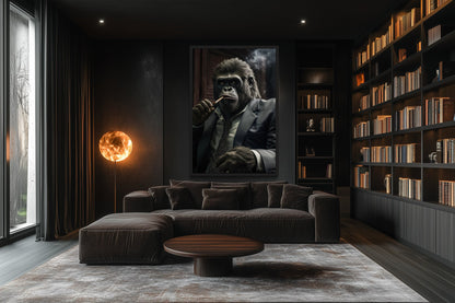 Gangster Gorilla In Suit Smoking Cigar Framed Canvas Wall Art For Mens Office