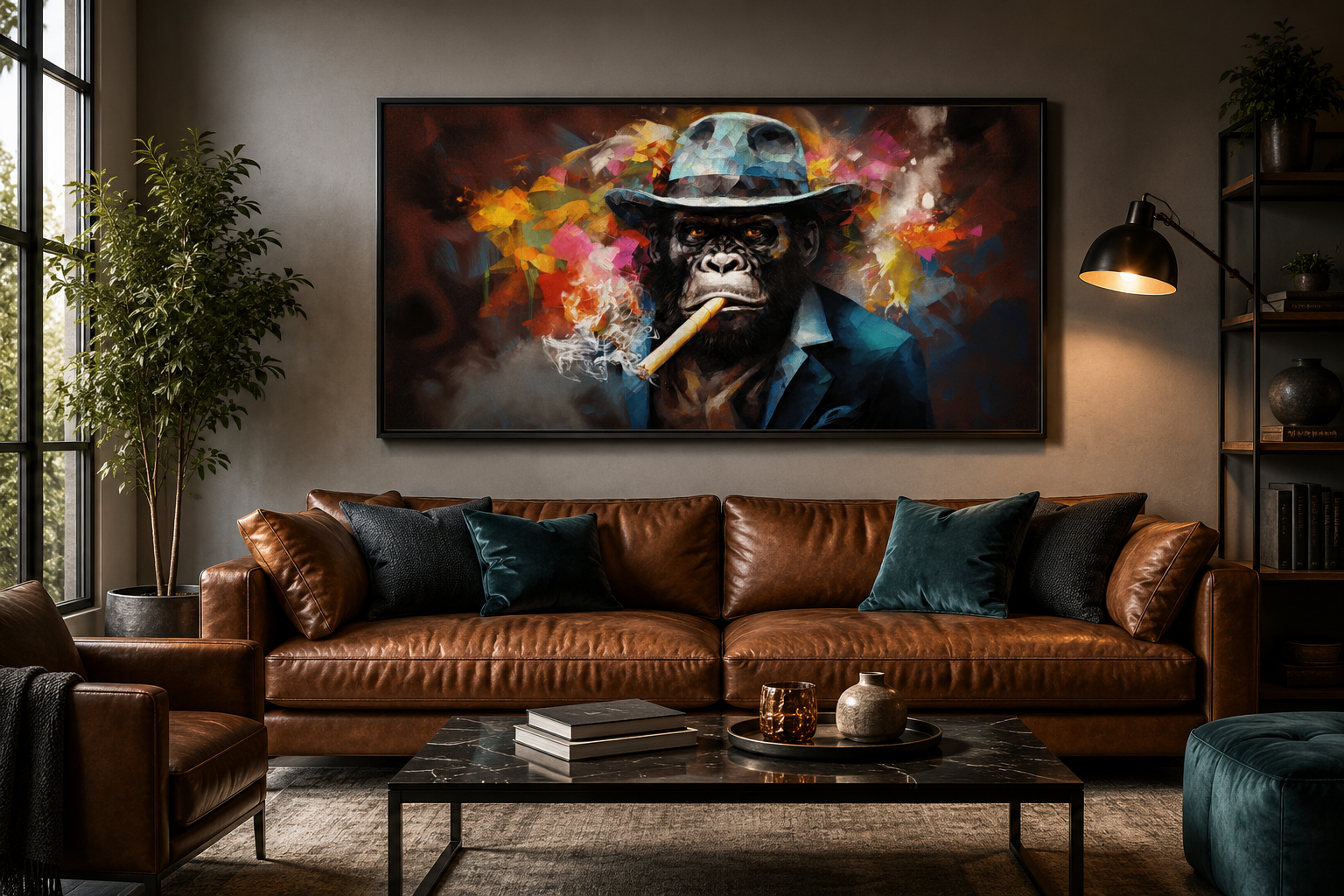 Gangster Gorilla in Fedora and Suit Smoking a Cigar Canvas Wall Art For Man Cave Decor