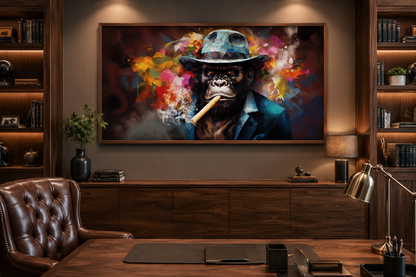 Gangster Gorilla in Fedora and Suit Smoking a Cigar Canvas Wall Art For Man Cave Decor