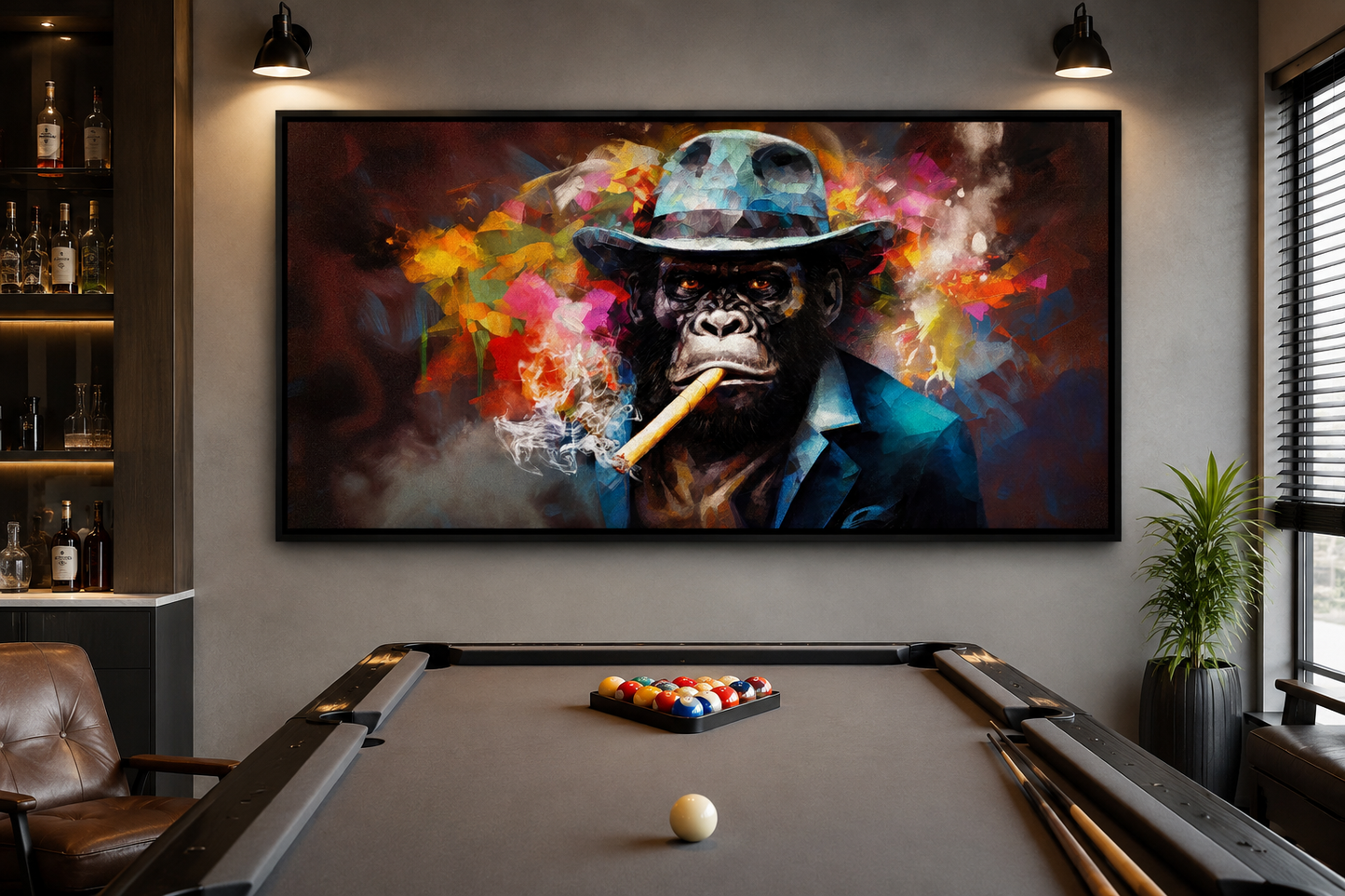 Gangster Gorilla in Fedora and Suit Smoking a Cigar Canvas Wall Art For Man Cave Decor